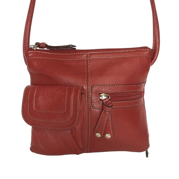 Tignanello Red Leather Crossbody Bag With Pockets & Zippers - Picture 1 of 9